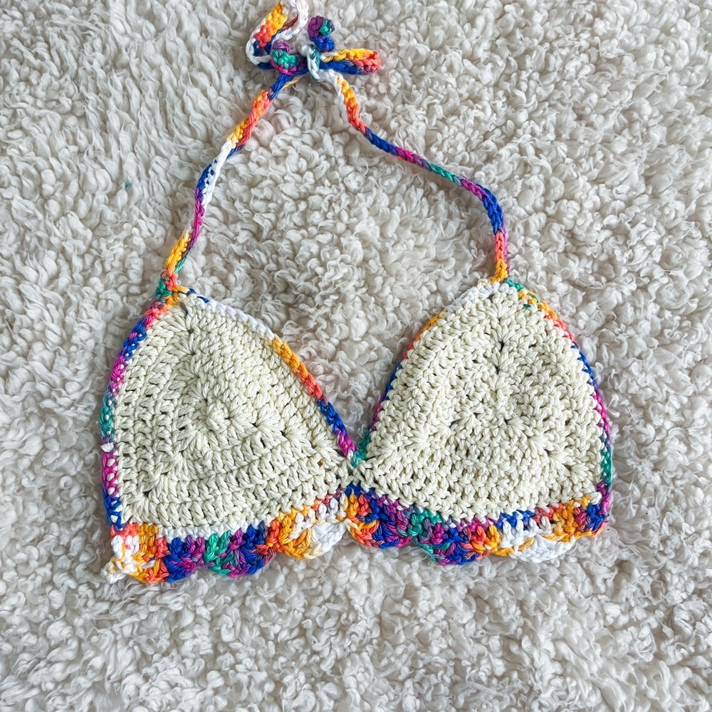 Colorful Crochet Halter Bikini Top with Rainbow Trim Festival Top